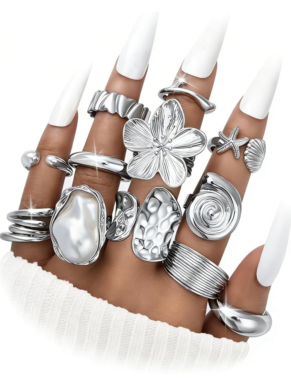 Silver Floral and Shell Mixed Stackable Ring Set - Women Jewelry